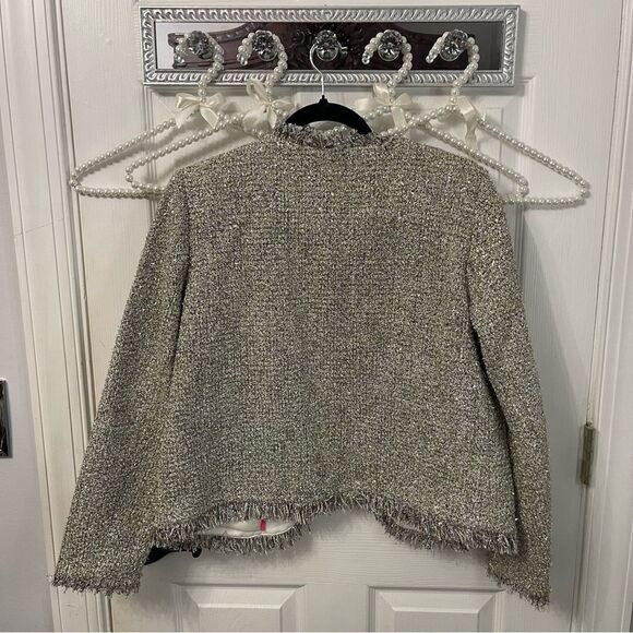 Kate Spade Gray Tweed Metallic Blazer with Fringe Trim - Picture 10 of 11